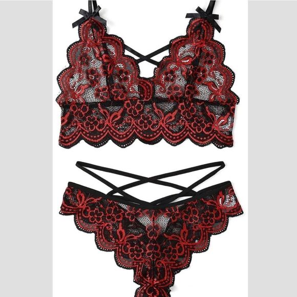 🔥 Sexy Red & Black Lingerie Set Bra & Panties - Picture 4 of 7